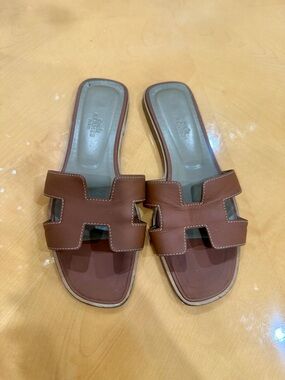 Hermes Brown Leather Oran Slide Sandals - Women's